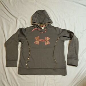 Under Armour Storm Hoodie Womens Large Gray Pink RealTree Camo Logo Sweatshirt